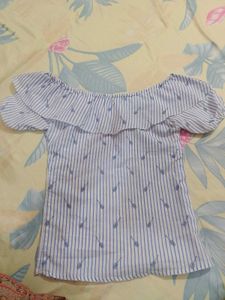 Cute Blue Striped Off-Shoulder Top &amp; White Skirt S