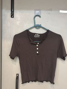 Brown Ribbed Lettuce Hem Crop Top