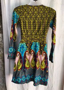 Boho Print Long Sleeve V-Neck Dress