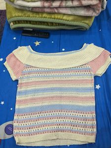 Crocheted Striped Off-Shoulder Top