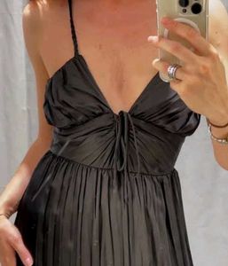 Elegant Black Satin Ruched  Dress