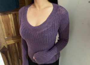 Purple Ribbed V-Neck Sweater
