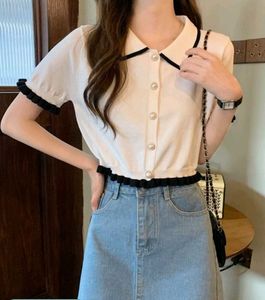 Cute Ruffle Trim Pearl Button Top
