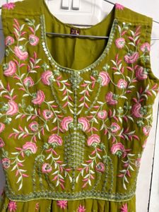 Embroidered Olive Green Ethnic Gown
