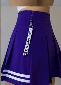 white tee with purple skirt