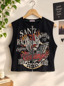 Vintage Graphic Zip-Up Tank Top