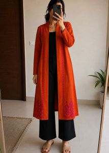 Rust Orange Knee-Length Embroidered Shrug