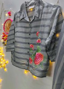 Striped Palazzo Set with Floral Embroidery