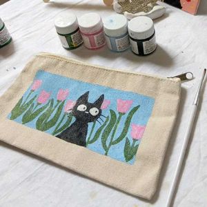 Hand-Painted Cat & Tulips Pouch
