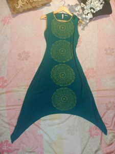 Green Sleeveless A-line Fish Cut Dress, Size -XS