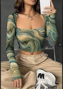 Marble Print Long Sleeve Mesh Top