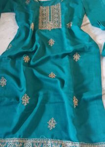 Teal Kurta Set with Gold Embroidery
