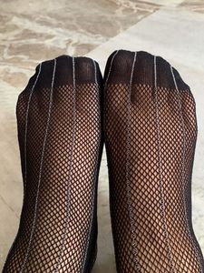 Sheer Black Fishnet Stockings with Stripes