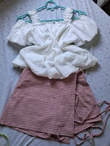 Cute Off-Shoulder White Top & Checkered Skirt Set