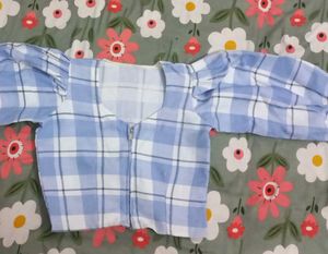 Blue Plaid Zip-up Puff Sleeve Corset Crop Top