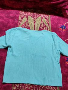 Blue Ribbed Top with Chain Detail