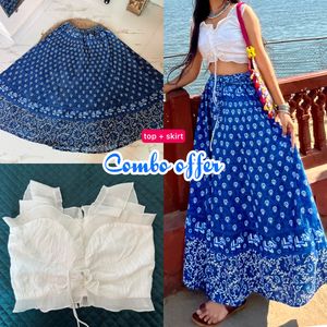 Blue Printed Skirt with White Crop Top