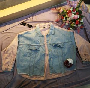 Denim Jacket with Striped Sleeves