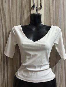 White V-Neck Ribbed Top
