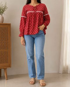 Red Printed Tie-Neck Blouse