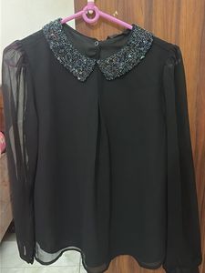 Elegant Black Embellished Collar Blouse