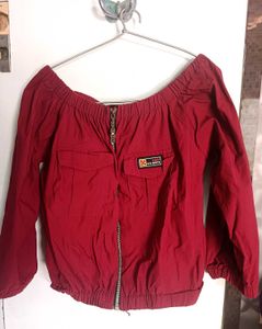 Stylish Red Off-Shoulder Zip-Up Crop Top |Size M |