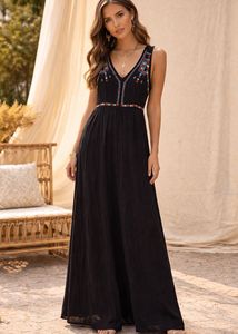 Black Soft Cotton Embroidered Sleeveless Gown