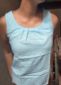 Blue  Sleeveless Zip-Front Top