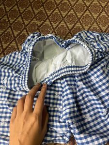 Blue Checkered Shorts with White Embroidery
