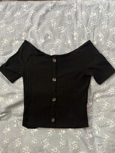 Black Ribbed Button-Up Top