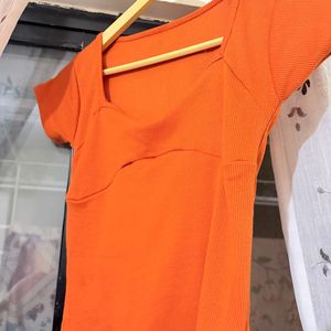 Orange Ribbed Square Neck Top