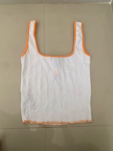 Ribbed White Crop Tank with Orange Trim