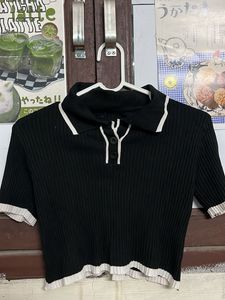 Black Ribbed Polo Crop Top