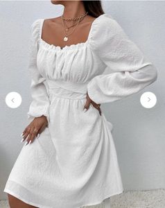 Chic White Square Neck Puff Sleeve Dress(XS)