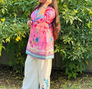 Pink Floral Kurta with White Palazzo Set