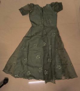 Elegant Olive green Organza Puff Sleeve Dress