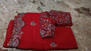 Vibrant Red Embroidered Saree with Blouse
