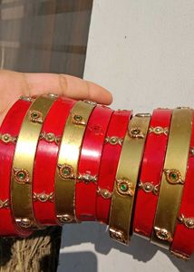 Exquisite Red & Gold Bangles with Green Stones