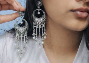 Silver Oxidized Chandbali Statement Earrings