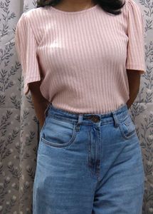 Fig Ribbed Pink Top With Wide Half Sleeves