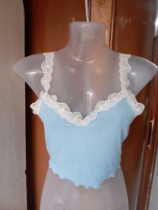 Blue Lace Trim Cropped Cami Tank Top