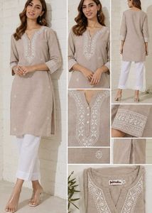 Fabindia Beige Cotton Embroidered Straight Kurti