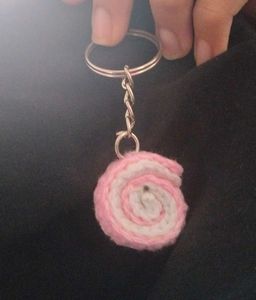 Crocheted Pink & White cake Keychain
