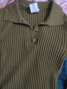 Olive Green Ribbed Collared top