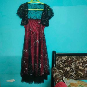Elegant Maroon Floral Dress with Black Bolero