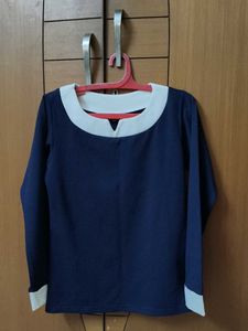 Navy Blue Long Sleeve Top with White Collar