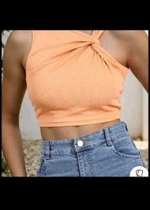 Orange Ribbed Twist Crop Top