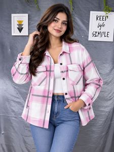 Pink Plaid Oversized Button-Up Shacket Shirt