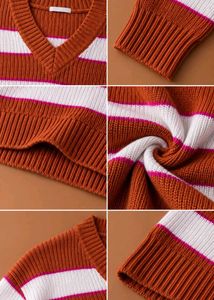 RUST &amp; WHITE STRIPED V-NECK SWEATER