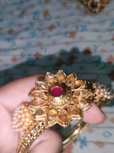 Elegant Floral Gold-Tone Kada with Pearl &amp; Stone